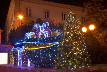 Holiday decorations of Nowy Swiat street in Warsaw. Poland