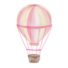 Watercolor illustration of hand painted hot air balloon in yellow, pink colors with basket, ropes, bags. Flying in the air transport. Isolated clip art for prints, travel posters, tourism banners
