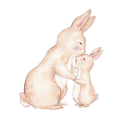Watercolor illustration of the mother bunny and baby bunny. Mother hugs and kisses baby rabbit. Cute beige bunnies. Can be used for t-shirt print, kids wear fashion design, baby shower invitation card