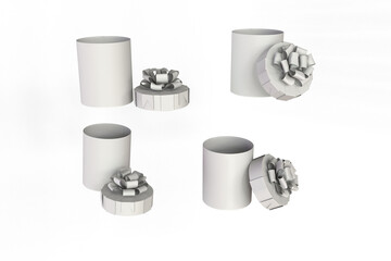 Cylindrical cardboard box with bow and ribbon open easily change the colors of the template layout. Cylinder box design template. 3D Render. Isolated on white background.