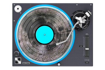 Phonograph Turntable with moon texture, 3D rendering