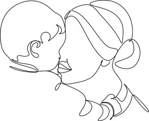 Abstract mother with a child in continuous one line drawing art style. Mother`s Day card. Woman hugging her baby. Happy motherhood concept. Modern vector illustration