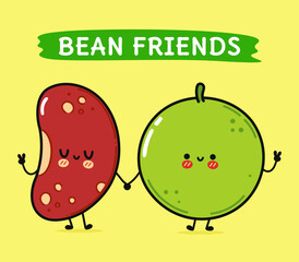 Cute, funny happy peas and red bean character. Vector hand drawn cartoon kawaii characters, illustration icon. Funny cartoon happy peas and red bean friends