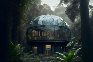 Fototapeta premium Dome glass house in the middle of the jungle generative art