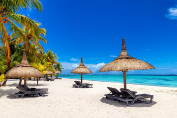 Beach umbrellas in tropical beach with palm trees and tropical sea in Paradise Mauritius island.	