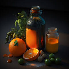 Orange Juice, Green Olives, and Jar. Healthy Green Juice Recipe.