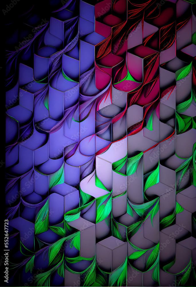 Wall mural abstract pattern of cubes and leaves generative art
