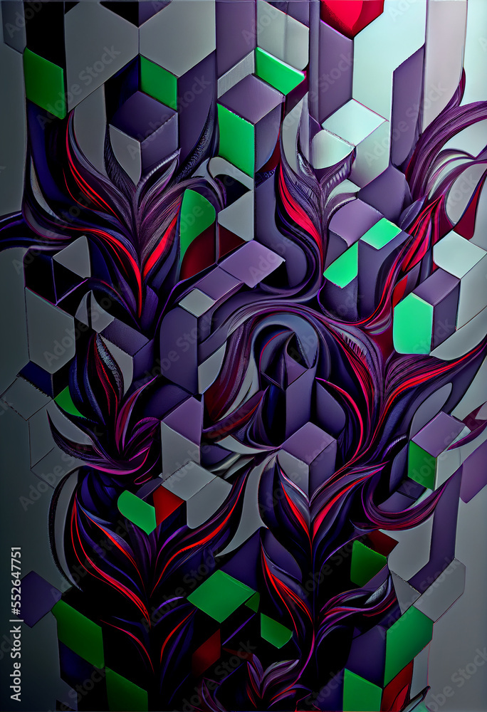 Wall mural abstract pattern of cubes and leaves generative art