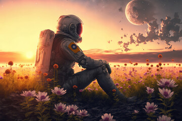 Beautiful astronaut sitting in in a field of flowers on a different planet. Generative AI - obrazy, fototapety, plakaty