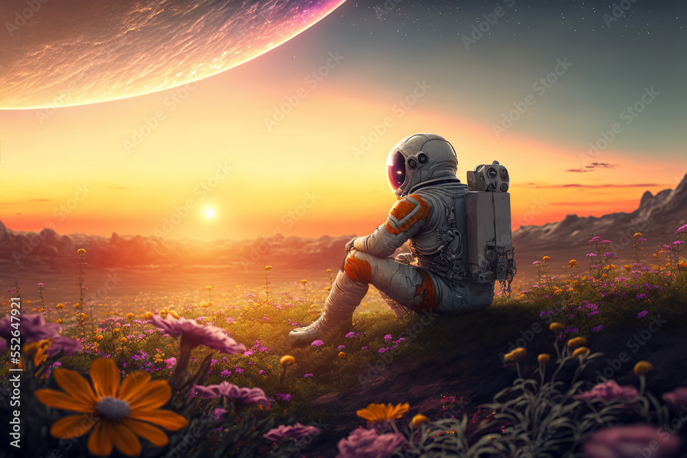 Poster beautiful astronaut sitting in in a field of flowers on a different planet. generative ai