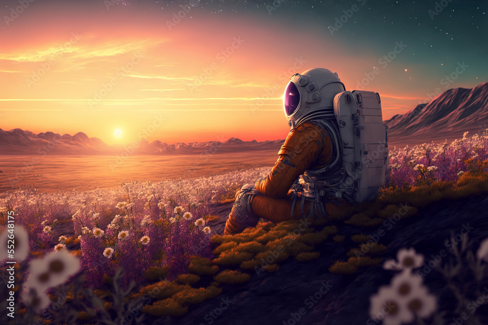 Wall mural beautiful astronaut sitting in in a field of flowers on a different planet. generative ai