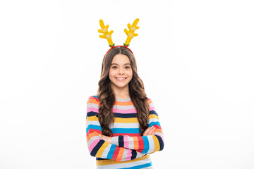 Winter child isolated portrait. Teen girl on xmas holiday. Merry christmas and happy new year. Banner of christmas child girl in studio.