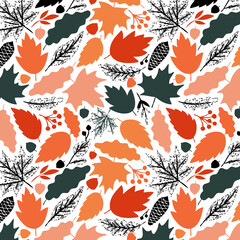 Lovely autumn leafs pattern in warm light colors, seamless repeat. Trendy flat style. Great for backgrounds, apparel  editorial design, cards, gift wrapping paper, home decor etc.