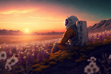 Beautiful astronaut sitting in in a field of flowers on a different planet. Generative AI - obrazy, fototapety, plakaty