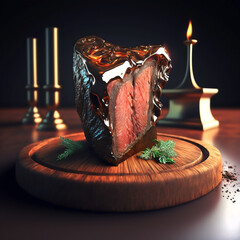 Succulent steak serving on round wooden plate and candles