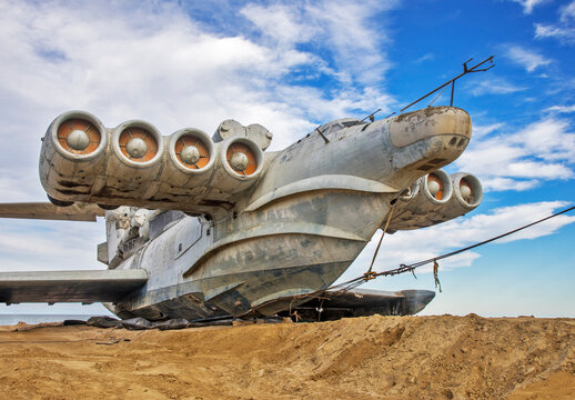 Lun-class ekranoplan (Caspian Sea Monster) at Arablyar village on shore of Caspian Sea near Derbent. Republic of Dagestan. Russia