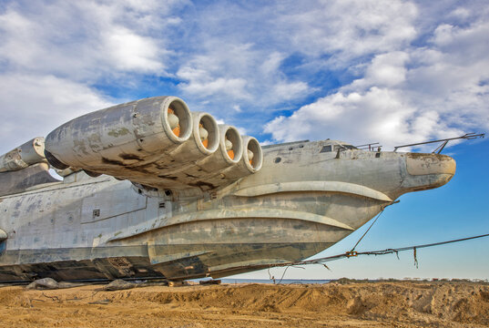 Lun-class ekranoplan (Caspian Sea Monster) at Arablyar village on shore of Caspian Sea near Derbent. Republic of Dagestan. Russia