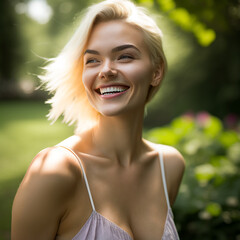 younf blonde woman smiling in summer day
