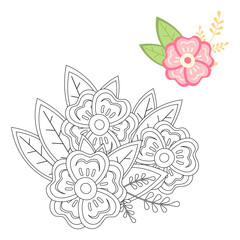 Flower buds coloring book. Line vector illustration. Contour drawing of spring flowers with leaves, petals and twigs. Black and white sketch.