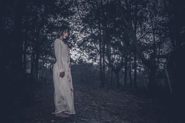 Portrait of asian woman make up ghost,Scary horror scene for background,Halloween festival...