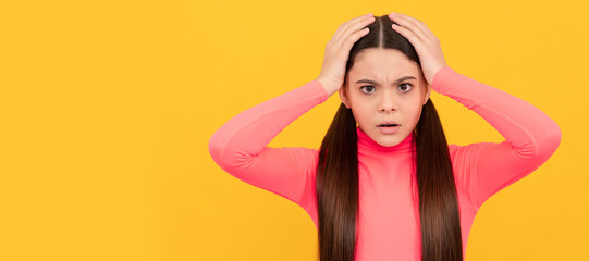 concept of headache. worried kid with long hair. beauty and fashion. female fashion model. Child face, horizontal poster, teenager girl isolated portrait, banner with copy space.