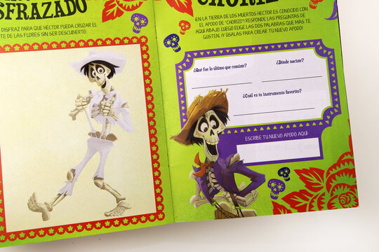 Children's activity magazine with the theme of the movie Coco. Disney - Pixar. Miguel and Ernesto De La Cruz. Dante the xoloitzcuintli dog. Book to color, learn and have fun.