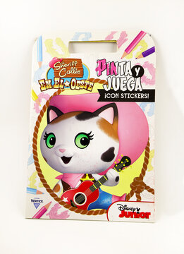 Children's magazine with the character of Sheriff Callie in the west. Cowgirl kitten. Character from a television series for babies and toddlers on the Disney Junior channel. Logo. Brand.