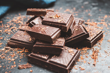 Dark chocolate bar pieces on dark background with grated chocolate, pile chunks of broken chocolate