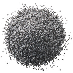 Pile of grey-bluish poppy seeds (Papaver somniferum), top view isolated png