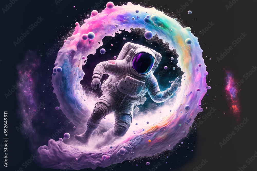 Poster beautiful painting of an astronaut in in a colorful bubbles galaxy on a different planet. generative