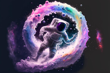 Beautiful painting of an astronaut in in a colorful bubbles galaxy on a different planet. Generative AI. Pop art concept