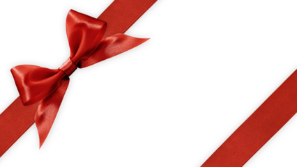 red bright ribbon bow tape isolated on transparent background, top view, copy space for gift greeting card, Merry Christmas and mother or valentine day banner or promotion shopping advertising