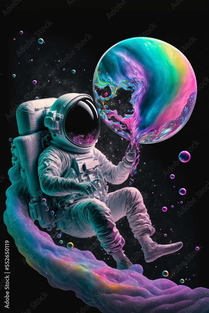 Poster beautiful painting of an astronaut in in a colorful bubbles galaxy on a different planet. generative