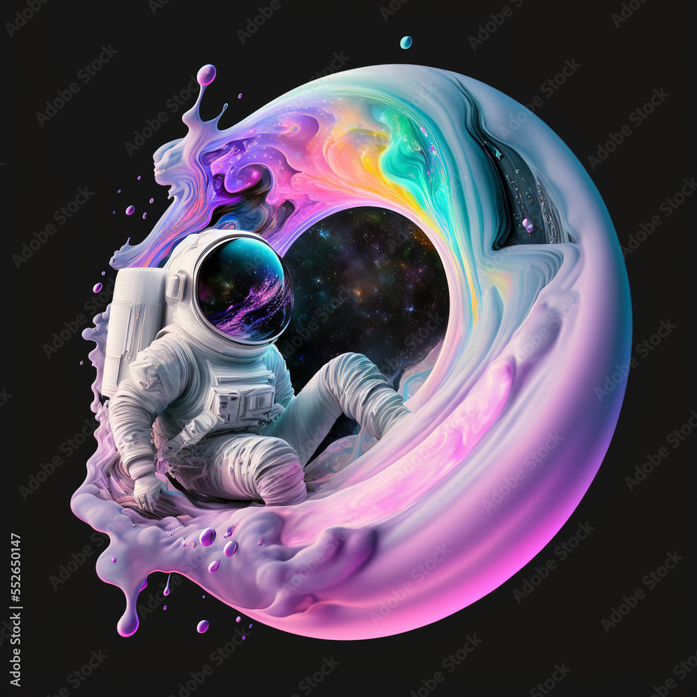 Wall mural beautiful painting of an astronaut in in a colorful bubbles galaxy on a different planet. generative