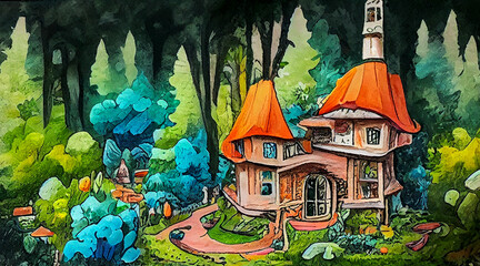 Fantasy houses in forest, generative ai illustration in watercolor style