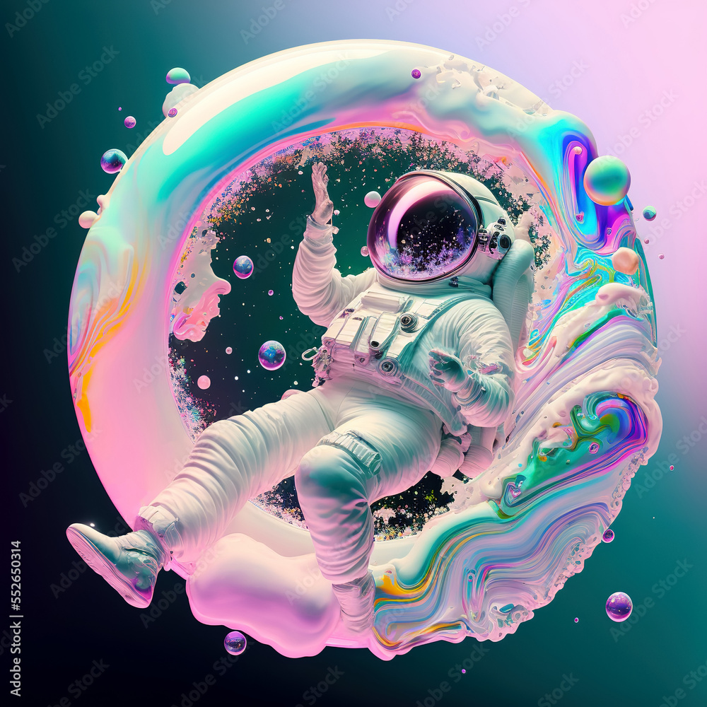 Poster beautiful painting of an astronaut in in a colorful bubbles galaxy on a different planet. generative