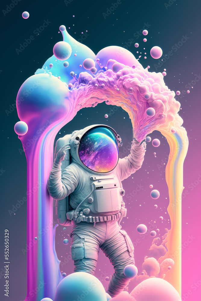 Poster beautiful painting of an astronaut in in a colorful bubbles galaxy on a different planet. generative