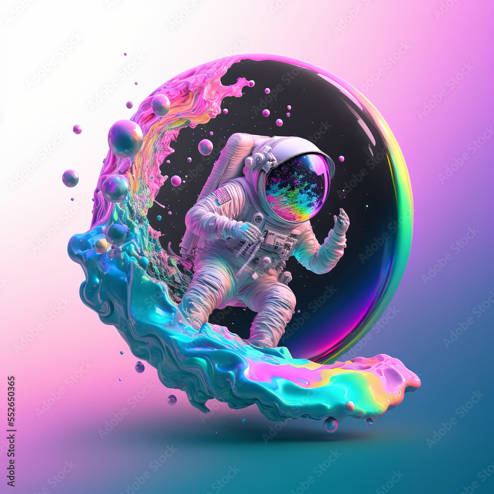 Sticker beautiful painting of an astronaut in in a colorful bubbles galaxy on a different planet. generative