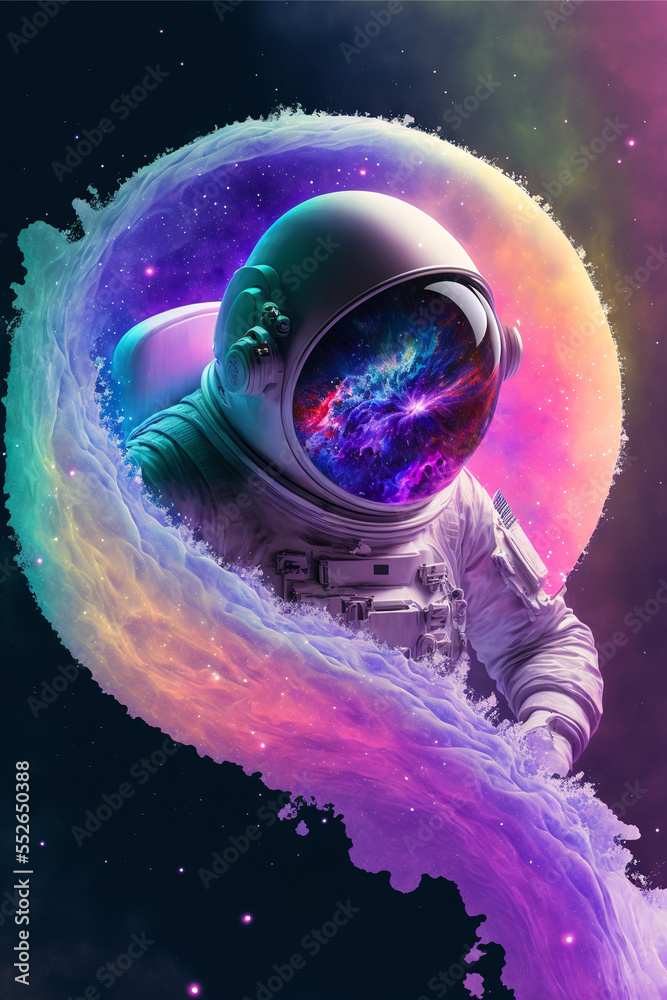 Poster beautiful painting of an astronaut in in a colorful bubbles galaxy on a different planet. generative