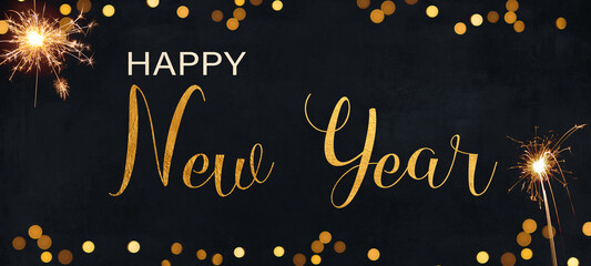Happy New Year 2023 New Year's Eve Sylvester celebration holiday greeting card with text - Festive gold sparklers and bokeh lights Collage on dark black night sky