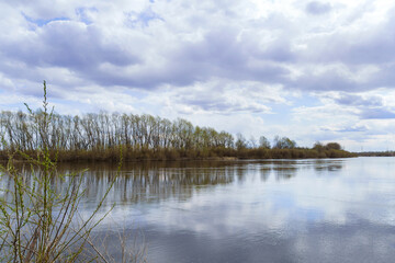 Obraz premium Spring landscape with trees by the river and picturesque cloudy sky. Early spring