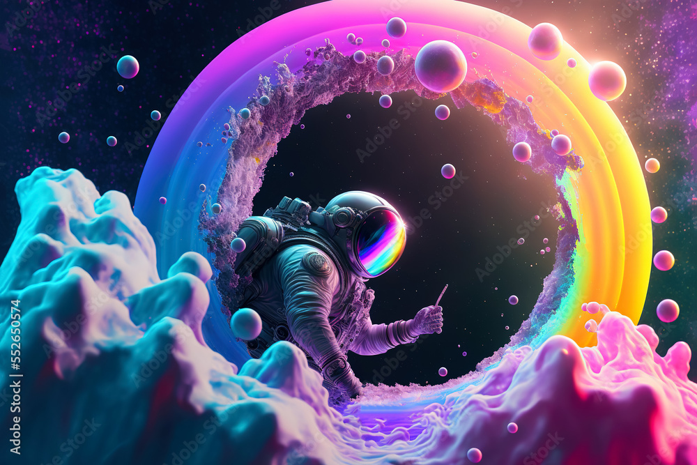 Canvas Prints beautiful painting of an astronaut in in a colorful bubbles galaxy on a different planet. generative