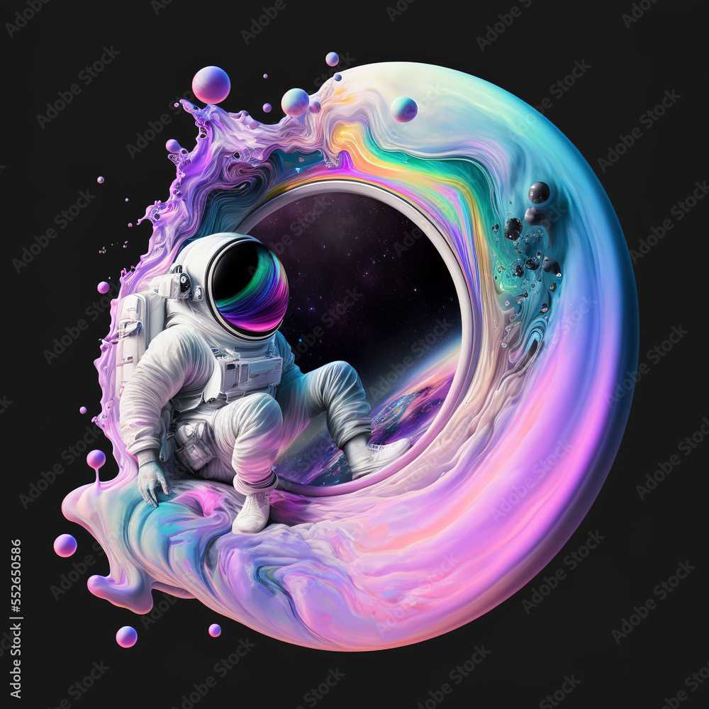 Poster beautiful painting of an astronaut in in a colorful bubbles galaxy on a different planet. generative