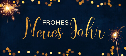 Frohes neues Jahr 2024 Silvester Feiertags Grußkarte mit Text - Goldene Wunderkerzen und Bokeh...