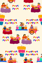 Filipino fiesta scene pattern on people eating outdoors with samalamig beverage vendor and sorbetes cart, with banderitas and kiping centerpiece on cream background