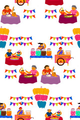 Filipino fiesta scene pattern on people eating outdoors with samalamig beverage vendor and sorbetes cart, with banderitas and kiping centerpiece