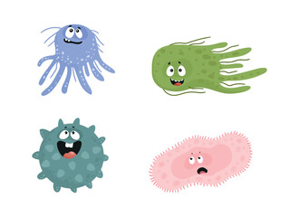 Collection of colorful bacteria and viruses with different emotions. Funny cartoon microbes.