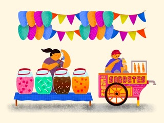 Filipino fiesta scene with samalamig vendor and sorbetes cart vendor with banderitas and layered kiping leaf-shaped wafer on cream background - obrazy, fototapety, plakaty