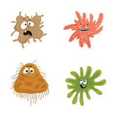 Collection of colorful bacteria and viruses with different emotions. Funny cartoon microbes.