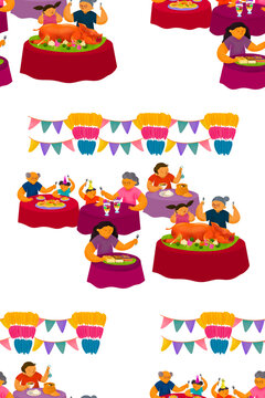 Filipino fiesta scene pattern on people eating lechon roasted pig, kakanin rice cakes, halo-halo, pansit bihon, and bulalo inside a palayok, with banderitas and kiping centerpiece